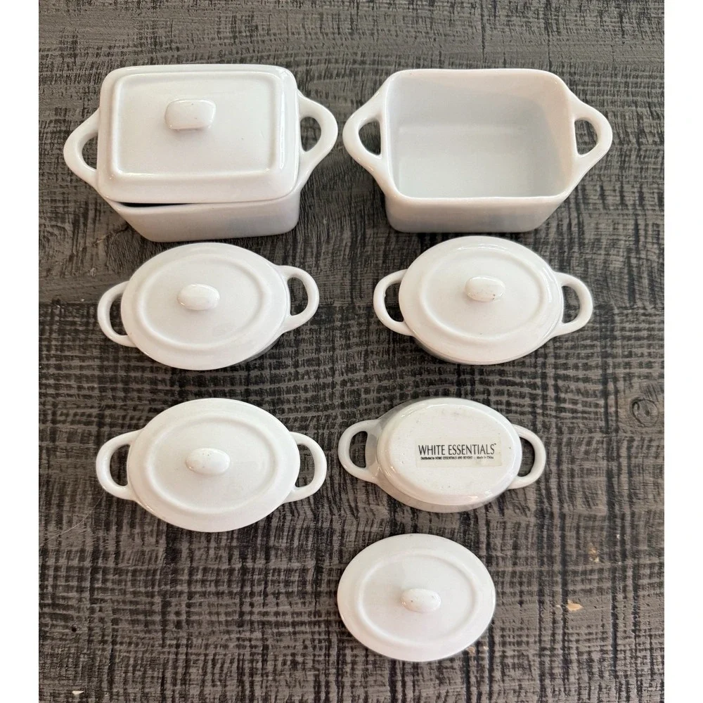 White Essentials Mini Cocotte Style Dishes 6 Ceramic Pots 5 Lids White